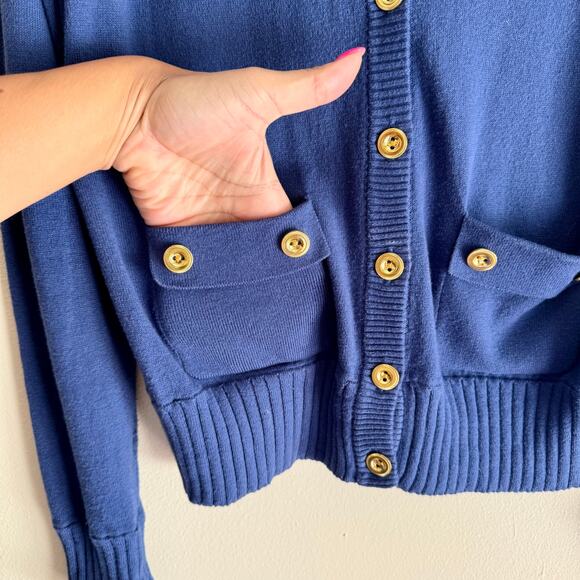 Cabi Blue with Gold Buttons V Neck Cadet Long Sleeve Cardigan Medium - Picture 2 of 7
